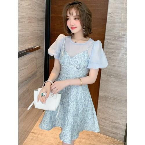 Hubble-bubble sleeve round collar shirt + folding two-piece jacquard harness dress new female summer