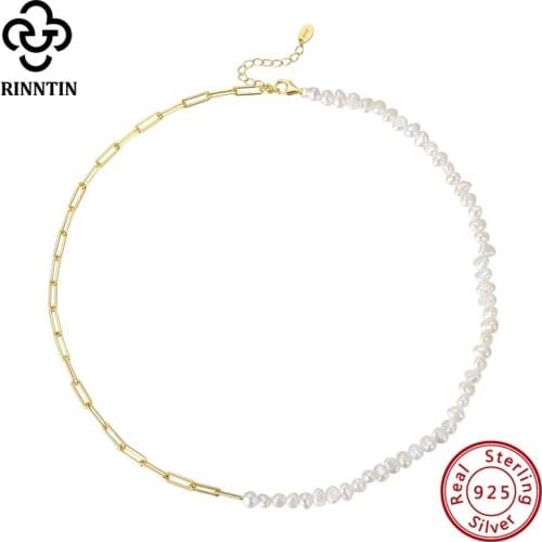 Rinntin Fashion 925 Silver Paper Clip Chain Necklace with Natural Freshwater Pearl for Women Trendy Neck Chain Jewelry GPN13