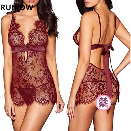 Small Size Women Erotic Dress See-through Pajamas Sleepwear & Thong Sexy Lingerie Set Lace Underwear Costumes Dress For Hot Lady