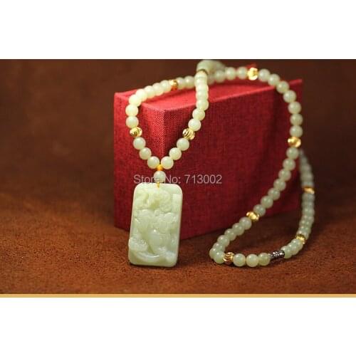 Nature Milk white jadite fortune Lion Beast Pendant Amulet 6mm Beads Necklace*Certificate