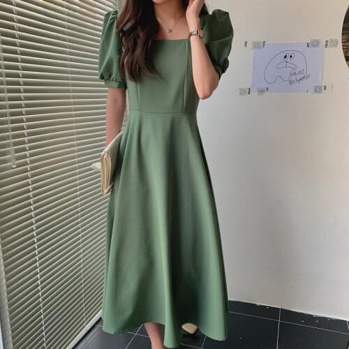 QOERLIN Chic Party Black Dress Ladies French Style Elegant Square Collar High Waist Slim Puff Sleeve Mid-Length Dresses Women