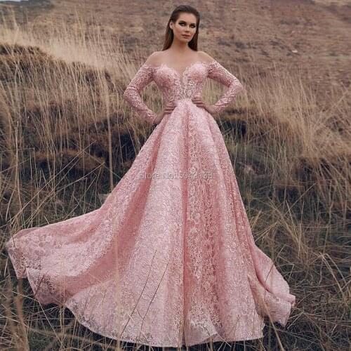 Luxury Full Lace Pink Long Sleeves Wedding Dresses Sexy Sweetheart A Line Wedding Bridal Gowns 2020 Sweep Train Bride Dress