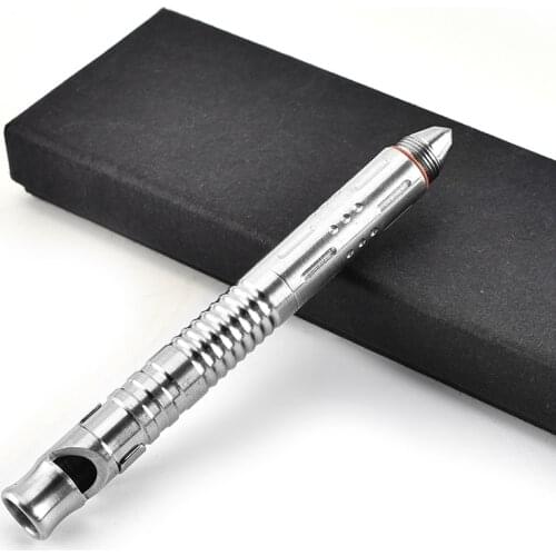 SilverTactical Pen with Whistle and Clip for Outdoor Stainless Steel Durable Multitool EDC Metal Pen Men Gift Ballpoint Pen
