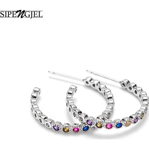 SIPENGJEL Fashion Rainbow Crystal Hoop Earrings Geometric Round Circle Earrings For Women Gift Party Jewelry 2021