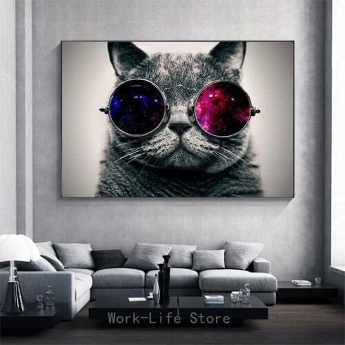 Modern Cat Painting With Glasses Galaxy Glasses Cat Poster Funny Art Canvas Print Pictures For Living Room Home Decoration