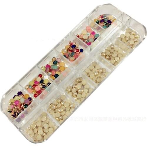 Color Mixed Pearl Box Metal Frame Nails Rhinestones Beads Flat Back Stones Metal Studs Half Ball Nail Art Decoration with Box