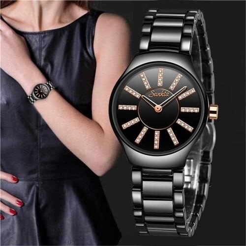 SUNKTA New Fashion 2021Luxury Brand Rhinestone Watches Women Ceramics Quartz Watch Ladies Dress Bracelet Clock Zegarek Damski