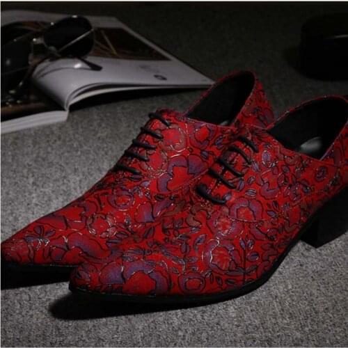 Pointed Toe Lace Up Men Luxury Genuine Leather Red Wedding Shoes Mens High Heels Party Dress Shoes Print Flowers Fashion Shoes