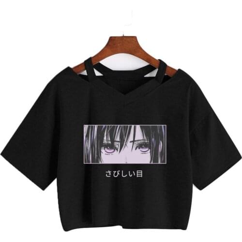 Female V-neck Summer Casual Harajuku T-shirt Punk Girl Hip Hop Short sleeve Pink Tees Japanese Anime Print Streetwear Crop Tops