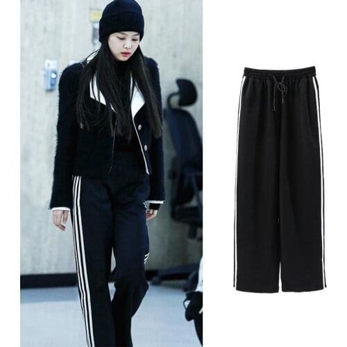 Kpop Korea Women Summer Casual Wide Leg Pants Striped Elastic Waist Drawstring Trousers Ladies Fashion Street Loose Sweatpants