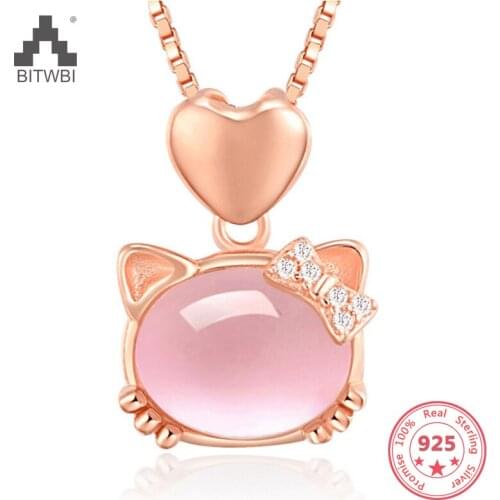 2019 New 925 Sterling Silver Lovely Kitty Cat Collier Pendant Cute Jewelry Rose Quartz Necklace For ladies Girl Nice Gift