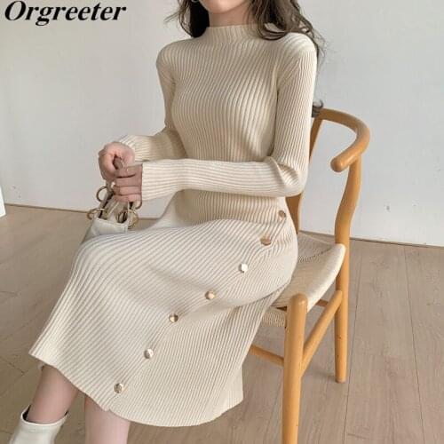 Chic Design Side Button Deco Knitted Dresses Women Fall Winter Warm Half Turtleneck Long Sleeve Ribbing Sweater Dress Robe Femme