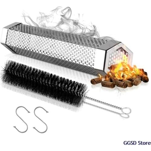 12 inch Hexagon BBQ Smoker Tube BBQ Grill Hot Cold Smoking Mesh Tube Generator Stainless Steel Barbecue Smoker Pipe BBQ Tools