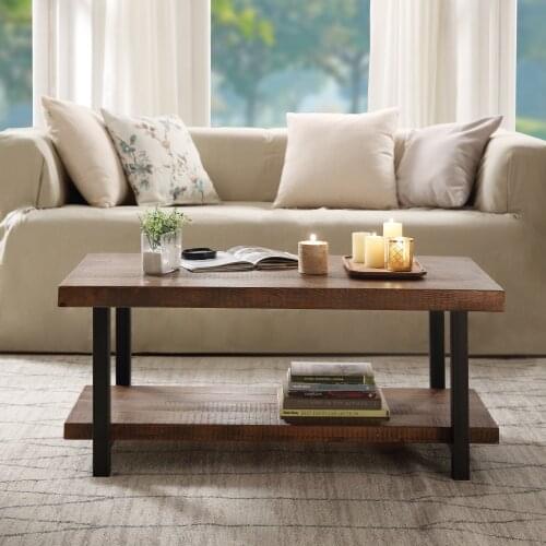 42.12x22x18.42 Inch Industrial Coffee Table Solid Wood + MDF and Iron Frame with Open Shelf Light Brown[US-W]