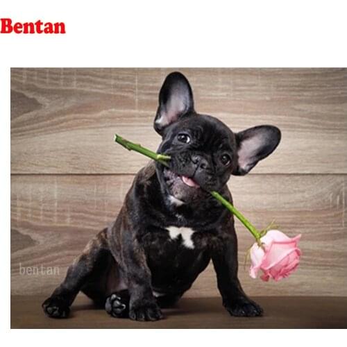 5D Full Square Round Drill Diamond Painting French Bulldog Mosaic Diamond Embroidery Cute Dog Rose Flower Cross Stitch Kit Decor
