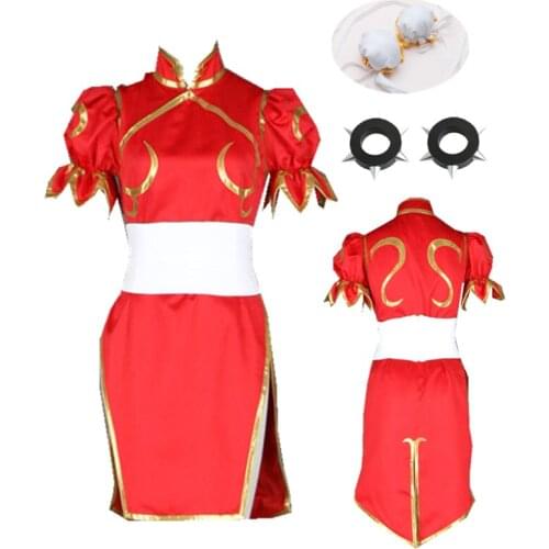 Red Chun-Li Faux Leather Red cheongsam Fighter Cosplay Costume Halloween