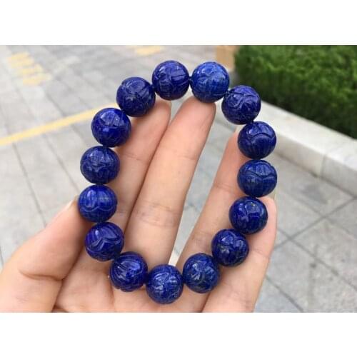 Natural Lapis Lazuli Royal Blue Gemstone Carved Round Beads Bracelet 14.8mm For Bless Healing Stone Women Men AAAAA