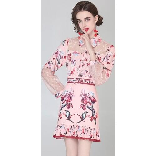 Runway Summer Floral Print Sets Women Pink Patchwork Lace Shirt Tops + Ruffles Pockets Belt Mermaid Suits Ladies Two Piece Set