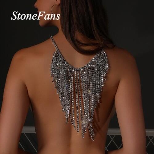 Stonefans Statement Rhinestone Back Chain Necklace Jewelry for Women Bridal Shoulder Necklace Fringe Wedding Crystal Body Chain