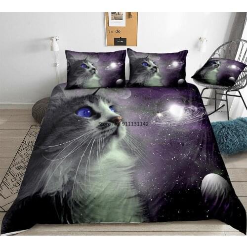 Galaxy Cat Duvet Cover Set Queen Cartoon Bedclothes Animal Bed Set Pet Bed Linens 3pcs Stars Bedding for Kids Dropship Space