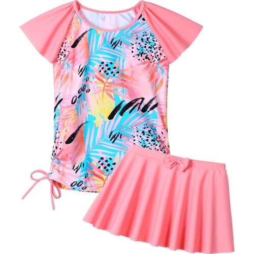 BAOHULU Girls Two Pieces Short Sleeve Swimsuits UPF50+ Rash Guard Kids Bathing Suit Sun Protective Skin-friendly Swimwear