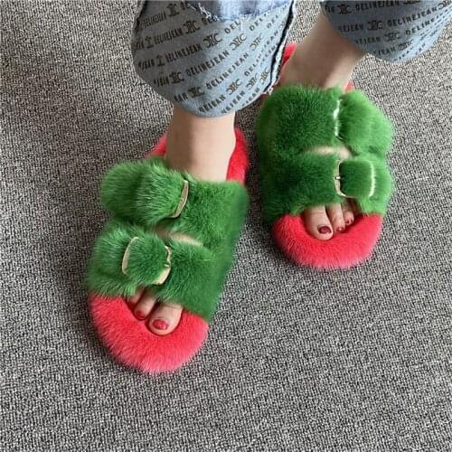European Station Ladies Fur Slippers 100% Real Mink Slippers Ladies Fur Slippers Flat-Heel Fashin Luxury Slippers