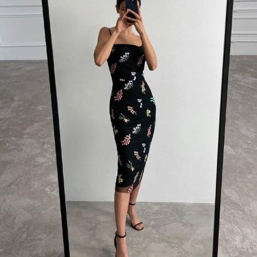 Fashion Womens Floral Embroidery 2021 New Summer Sling Mid-length Dress Bohemian Temperament Slim Sexy Beach Dress for Women