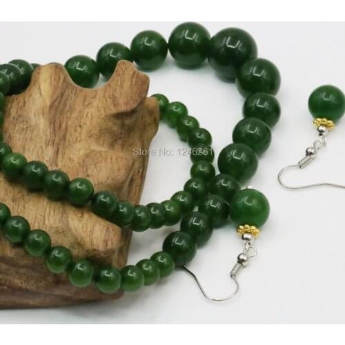 6-14mm Lucky Stone Green Malay Quartz Necklace Chain Earring Sets Round Beads Fashion Jewelry Women Party Gifts Ornaments 18inch
