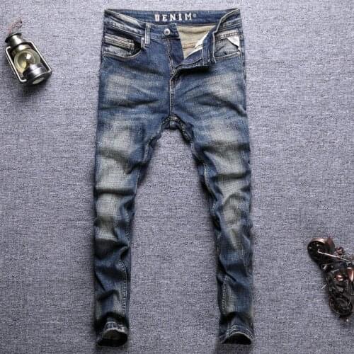 Newly Vintage Fashion Men Jeans Retro Dark Blue Elastic Slim Fit Ripped Jeans Men Distressed Designer Stretch Casual Denim Pants
