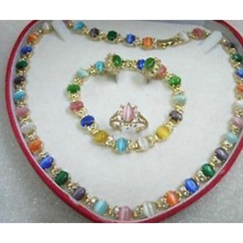 New hot Costume Pretty Multicolor Opal Necklace Bracelet Earring Ring set