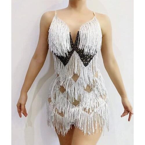 White Tassels Rhinestone Stretch Latin Dance Dress Women Singer Catwalk Stage Show Costume Gogo Dancer Rave Clothes VDVDB3360