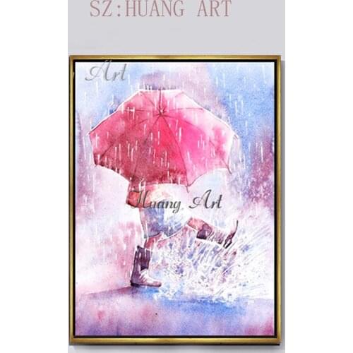 Hand painted oil painting pink walking in the rain modern simple female room hanging painting decorative painting wall painting