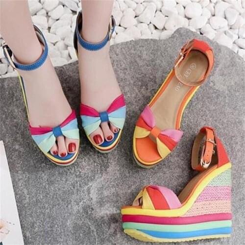 Women Summer Sandals Shoes Rainbow Platform Wedge Sandals High Heels Roman Peep Toe Buckle Strap Sandals Shoes Sandalias Mujer