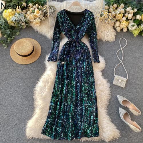 Neploe Sequined Bling Women Dresses Spring 2021 Elegant V Neck Long Sleeve Vestidos Fashion Sashes Slim Waist Party Dress 80508