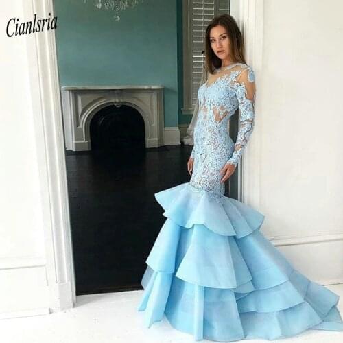 Light Blue O-Neck Open Back Long Lace Mermaid Evening Dress Long Sleeves Appliques Tiered Skirt Formal Evening Party Dresses