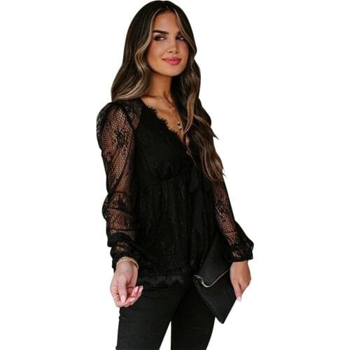 Spot 2021 new summer dresses and hot womens lace loose solid color long sleeve V-neck lace shirt