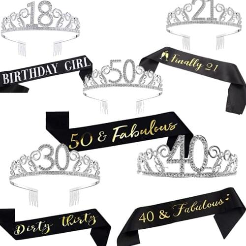 Princess Tiara Crown sash 18th 20th 21st 30th 40th 50th 16 18 20 21 30 40 50 years old happy Birthday girl party decoration gift