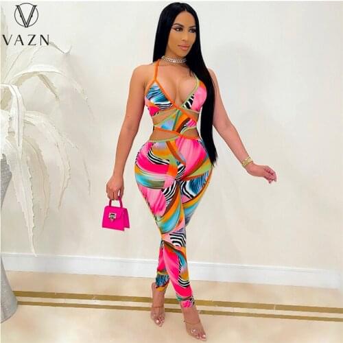 VAZN 2021 New Deep V-neck Shinny Colorful Print Sexy Lady Women Party Beach Jumpsuits Full Pant Bandage Rompers