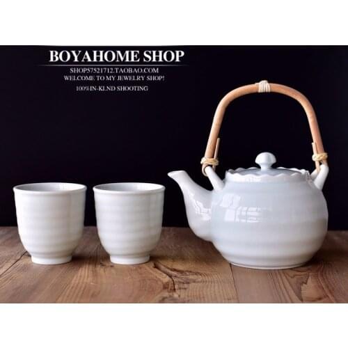 Japanese celadon fresh ceramic teapot tea pot cup set porcelain flowers tea set white simple teaware bamboo tray plate