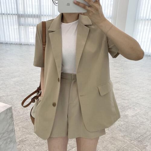 Retro Lapel Loose Two Button Suits Women Simple Solid Office Ladies Summer Short Sleeve Coat Blazer Sundress Korean Women Tops