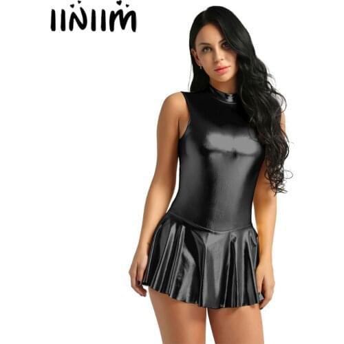 Womens Femme Pole Dancing Dress Shiny Metallic Stand Collar Back Zippered A-line Night Party Clubwear for Lyrical Dance Costumes