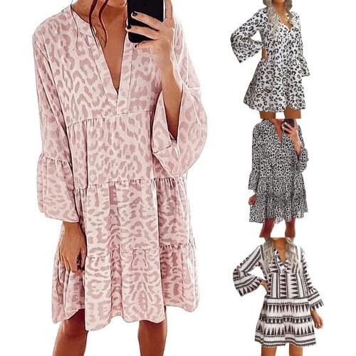 Ladies casual printed long-sleeved loose V-neck stitching dress doll skirt