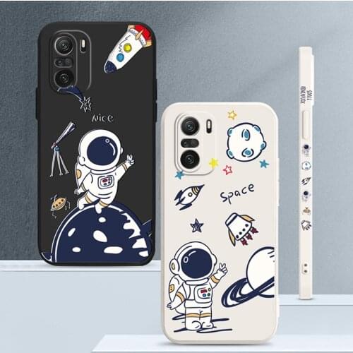 Liquid Silicone Cartoon Astronaut Soft Case For Xiaomi Redmi 9T K40 K30 K20 Redmi 8 7 Pro Note 9T Square Phone Cover Case Coque