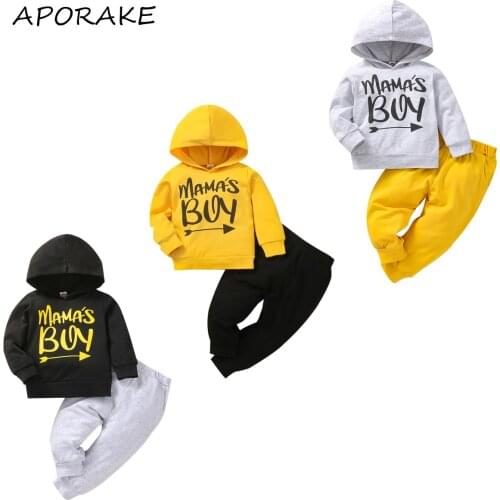 2021 3-24M Infant Baby Boy Clothing Spring Fall Outfits Letter Print Long Sleeve Hooded Top+Solid Long Pants Cotton 2pcs Set