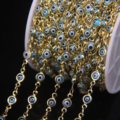 5meter blue Flat Round Beads Rosary Chain Findings,4mm Drip Oil Enamel Glass Coin Golden chains Making Bracelet Jewelry