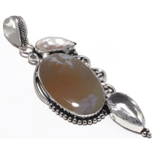 Agates + White Topas + Biwa Pearls Pendant Silver Overlay over Copper Jewelry , 82 mm, P7282