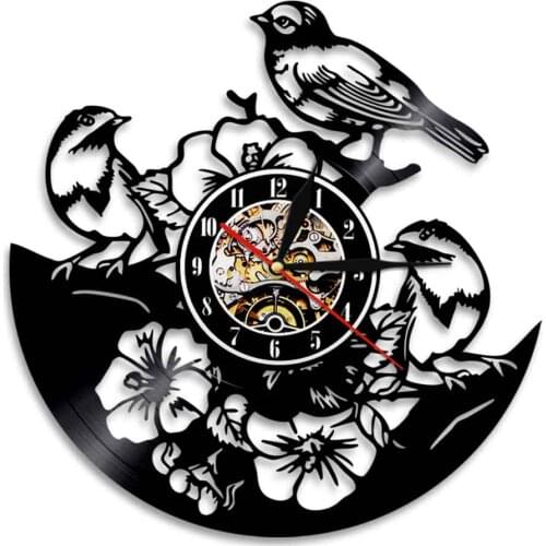 Sparrow Resting On Branch Laser Cut Album Wall Clock Adorable Birds With Flower Vinyl Record Clock Natural Artwork Home Decor
