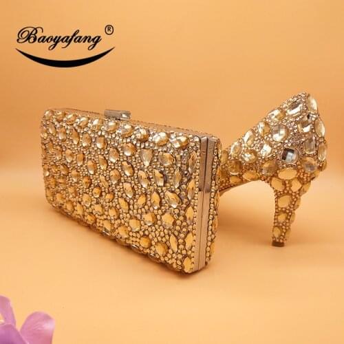 BaoYaFang Champagne Womens wedding shoes with matching bags Bride High heels Platform shoes and purse Platform shoes woman Pumps
