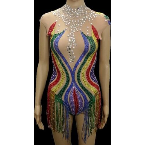 Colorful Striped Tassels Rhinestones Bodysuit Sexy See-through Mesh Sleeveless Catsuit Nightclub Bar Female Singer Stage Costume