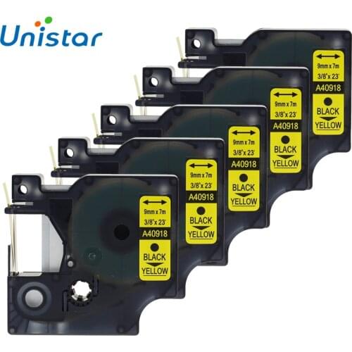UNISTAR 5 Pieces Label Tape Cassette Compatible for Dymo label maker and for D1 Label Manager A40918 Black On Yellow 9mm Ribbons